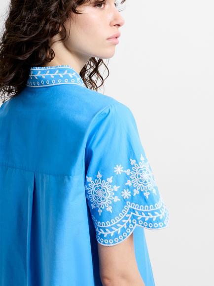 French Connection Alissa Embroidered Shirt Mini Dress, Poolside Blue/White - view 2, Poolside Blue/White