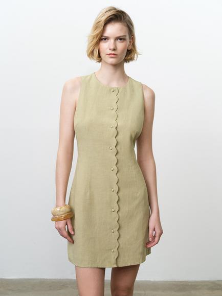 French Connection Calissa Scallop Button Front Mini Dress, Summer Sage, Summer Sage