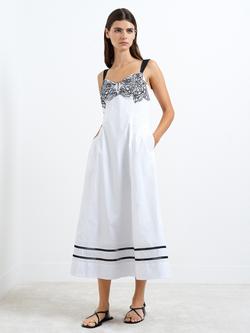 French Connection Cambria Embroidered Bust Midi Dress, White/Black, White/Black
