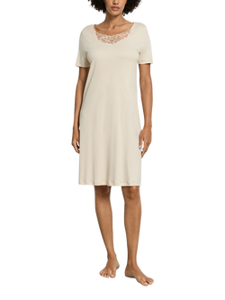 Hanro Belen Embroidered Neck Short Sleeve Nightdress, Summer Sand, Summer Sand