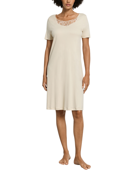 Hanro Belen Embroidered Neck Short Sleeve Nightdress, Summer Sand, Summer Sand