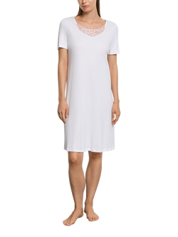 Hanro Belen Embroidered Neck Short Sleeve Nightdress, Summer Sand, White