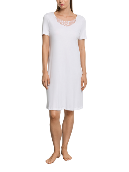 Hanro Belen Embroidered Neck Short Sleeve Nightdress, Summer Sand, White