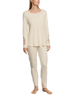 Hanro Belen Lace Cuff Jersey Long Pyjama Set, Summer Sand