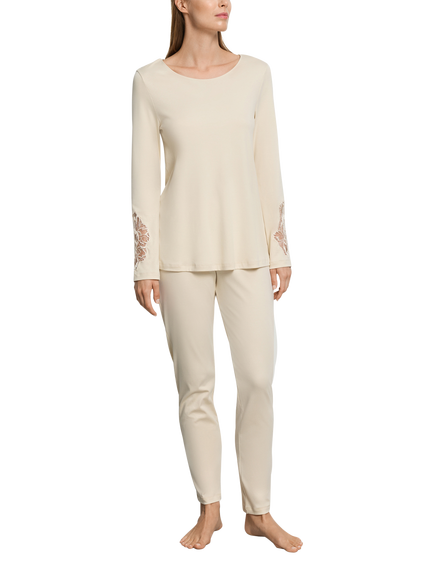 Hanro Belen Lace Cuff Jersey Long Pyjama Set, Summer Sand
