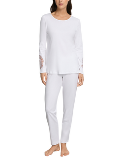 Hanro Belen Lace Cuff Jersey Long Pyjama Set, White