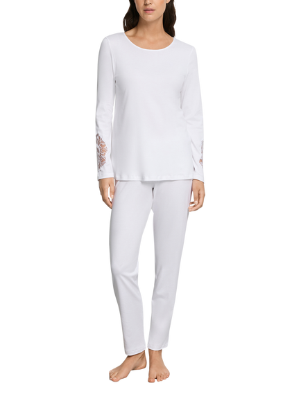 Hanro Belen Lace Cuff Jersey Long Pyjama Set, White