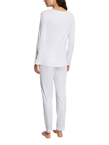 Hanro Belen Lace Cuff Jersey Long Pyjama Set - view 2, White