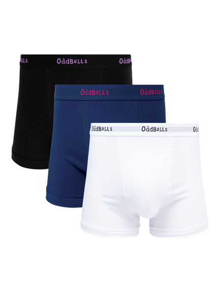 OddBalls Stretch Cotton Plain Boxers, Pack of 3, Navy/Black/White