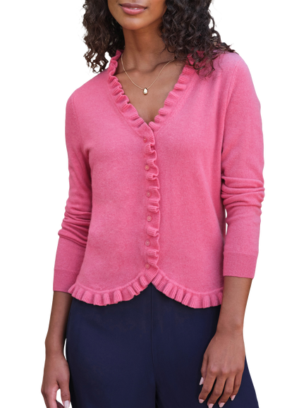 Pure Collection V-Neck Ruffle Pure Cashmere Cardigan, Carnation Pink, Carnation Pink