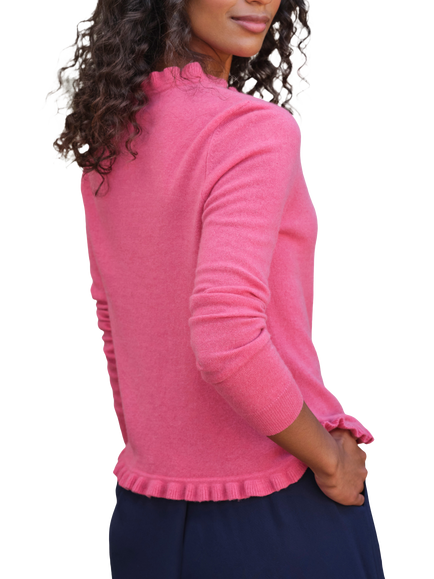 Pure Collection V-Neck Ruffle Pure Cashmere Cardigan, Carnation Pink - view 2, Carnation Pink