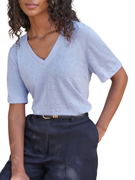 Pure Collection V-Neck Pure Linen T-Shirt, Pale Blue