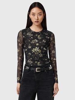 AllSaints Ellie Floral Mesh Top, Black/Multi, Black/Multi