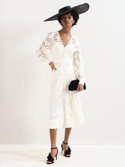 Phase Eight Inara Embroidered Long Sleeve Midi Dress, Ivory, Ivory