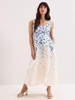 Phase Eight Orla Sleeveless Square Neck Floral Midi Dress, Cream, Cream