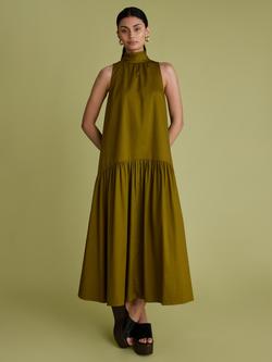 FLORERE Tie Back Halterneck Cotton Blend Mini Dress, Khaki, Khaki