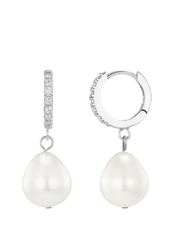 Orelia Drop Pavé Huggie Hoop Earrings, Pearl/Silver, Pearl/Silver