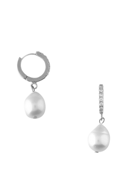 Orelia Drop Pavé Huggie Hoop Earrings, Pearl/Silver - view 2, Pearl/Silver