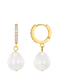Orelia Drop Pavé Huggie Hoop Earrings, Pearl/Gold, Pearl/Gold