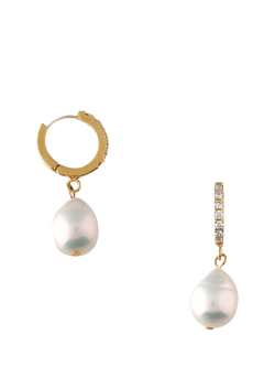 Orelia Drop Pavé Huggie Hoop Earrings, Pearl/Gold - view 2, Pearl/Gold