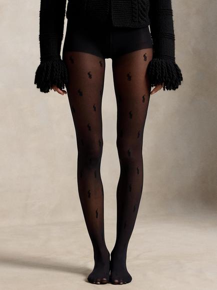 Ralph Lauren Signature Logo Embroidered Fashion Tights, Black, Black