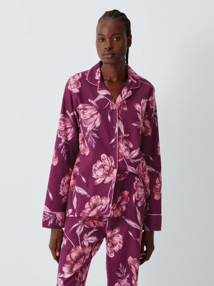 John Lewis Floral Button Through Long Cotton Pyjama Set, Zinfandel, Zinfandel