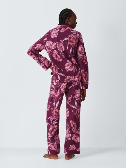 John Lewis Floral Button Through Long Cotton Pyjama Set, Zinfandel - view 2, Zinfandel