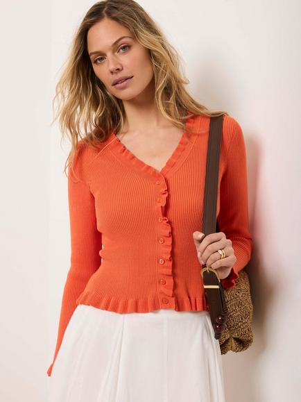 Mint Velvet Ruffle Trim Ribbed Cardigan, Orange, Orange