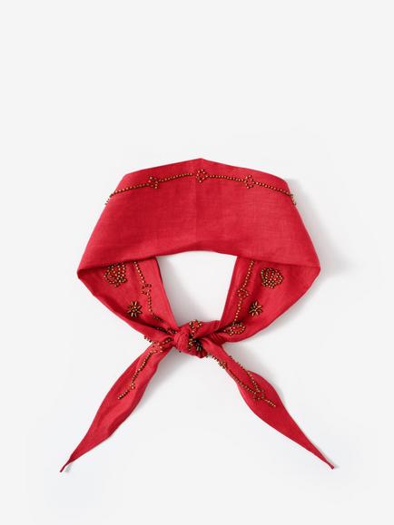Mint Velvet Embellished Pure Linen Neck Scarf, Red/Multi, Red/Multi