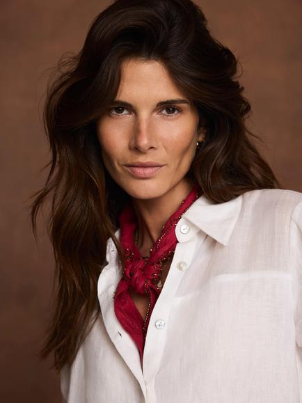 Mint Velvet Embellished Pure Linen Neck Scarf, Red/Multi - view 2, Red/Multi