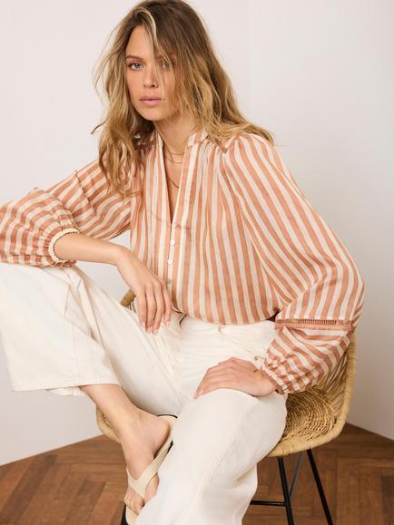 Mint Velvet Stripe Sheer Blouse, Orange/Multi, Orange/Multi