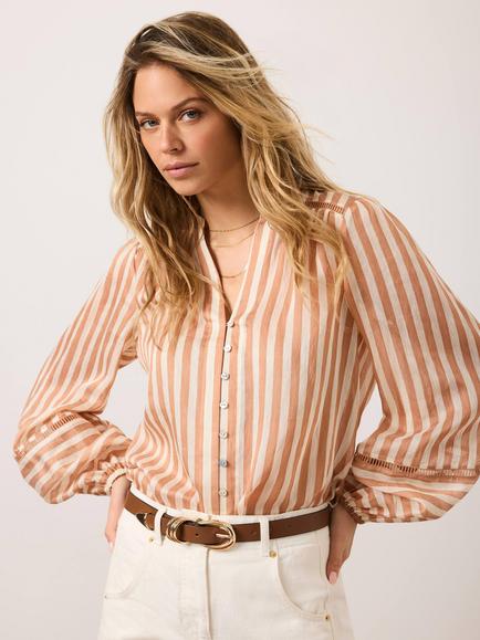 Mint Velvet Stripe Sheer Blouse, Orange/Multi - view 2, Orange/Multi