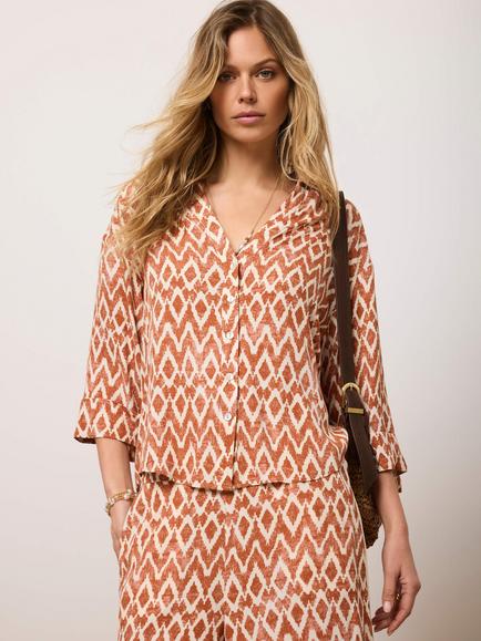 Mint Velvet Geometric Print Resort Shirt, Orange/Multi, Orange/Multi
