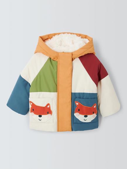John Lewis Baby Colourblock Fox Shower-Resistant Puffer Jacket, Multi, Multi