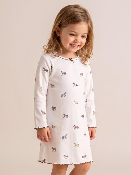Rosa & Blue Kids' Ponies Long Sleeve Nightdress, White, White
