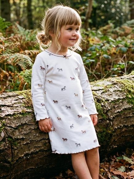 Rosa & Blue Kids' Ponies Long Sleeve Nightdress, White - view 2, White