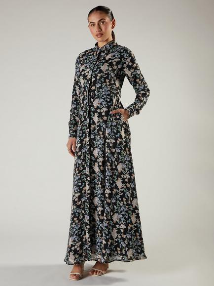 Aab Fluttery Florals Shirt Maxi Dress, Black/Multi, Black/Multi