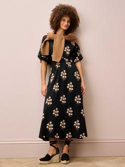 Brora Block Floral Tie Waist Midi Dress, Black & Caramel, Black & Caramel