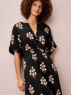 Brora Block Floral Tie Waist Midi Dress, Black & Caramel - view 2, Black & Caramel