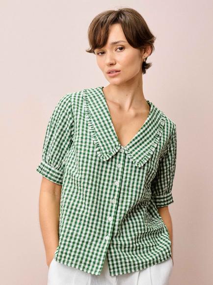 Brora Chelsea Collar Seersucker Gingham Shirt, Nettle, Nettle