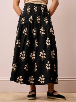 Brora Pintuck Waist Block Print Skirt, Black/Caramel, Black/Caramel