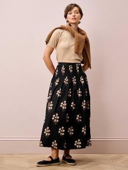 Brora Pintuck Waist Block Print Skirt, Black/Caramel - view 2, Black/Caramel