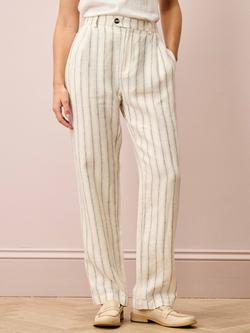 Brora Stripe Tapered Pure Linen Trousers, Ivory/Navy, Ivory/Navy