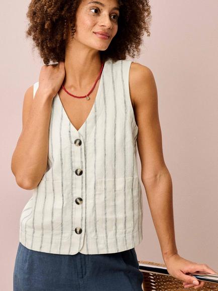 Brora Stripe Pure Linen Waistcoat, Ivory/Navy, Ivory/Navy