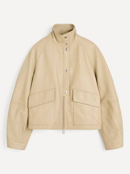 By Malene Birger Suzanne Funnel Neck Leather Jacket, Old Beige