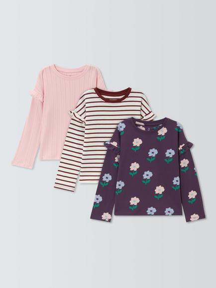 John Lewis Kids' Frill Shoulders Long Sleeve Top, Pack of 3, Multi, Multi