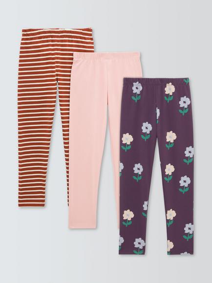 John Lewis Kids' Floral Striped Leggings, Pack of 3, Multi, Multi
