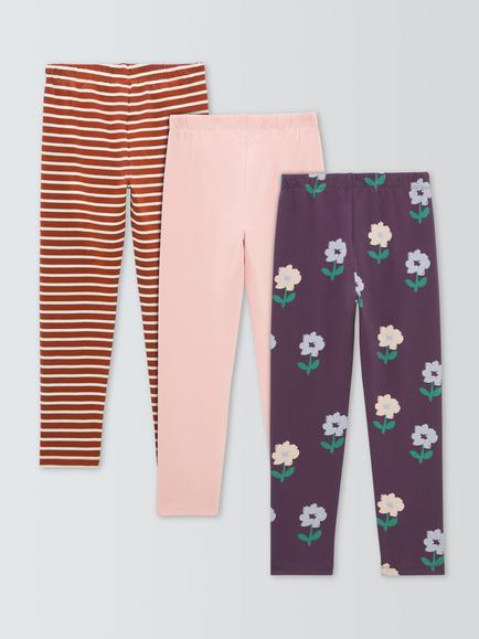 John Lewis Kids' Floral Striped Leggings, Pack of 3, Multi - view 2, Multi