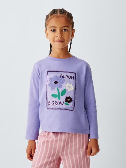 John Lewis Kids' Flower Graphic Long Sleeve Top, Oatmeal, Oatmeal