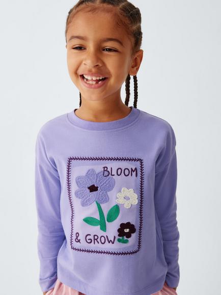 John Lewis Kids' Flower Graphic Long Sleeve Top, Oatmeal - view 2, Oatmeal
